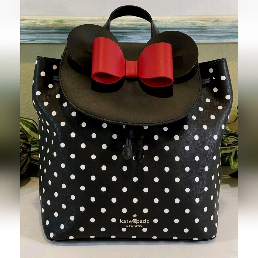 KATE SPADE DISNEY MINNIE MOUSE BACKPACK BLACK WHITE POLKA DOT LEATHER RED BOW - Picture 1 of 9